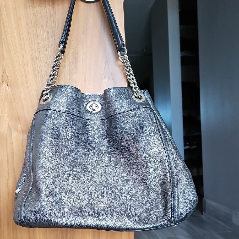 Coach Handbag- Charcoal Gray -Slight Metallic | Polished Pebble Leather